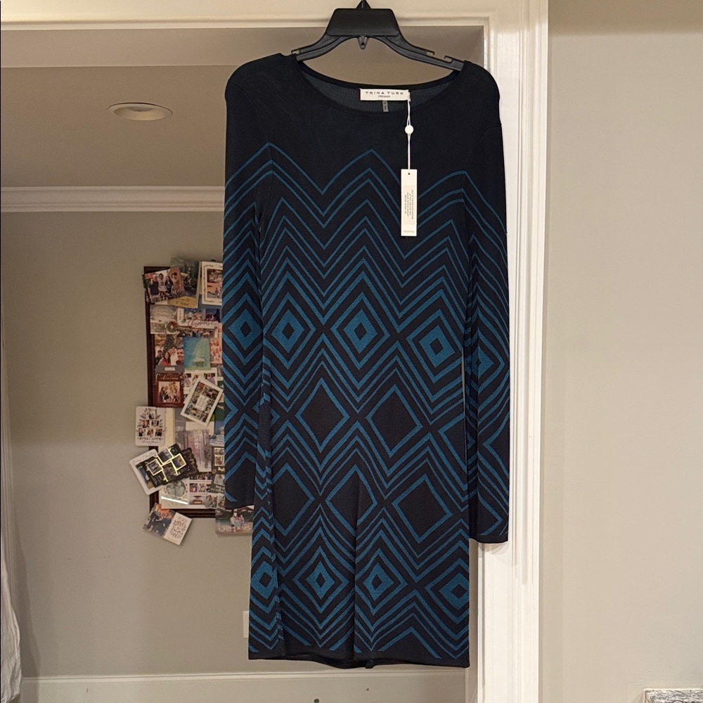Trina Turk Black and Blue Long Sleeve Dress